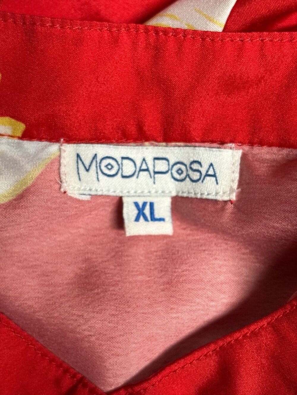 Moda Posa XL Red Bird Orint Maxi Dress Tue waist Mandarin Collar Boho Resort - Picture 7 of 11